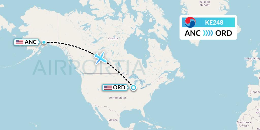 KE248 Korean Air Flight Map: Anchorage to Chicago