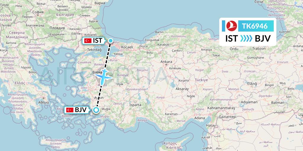 TK6946 Turkish Airlines Flight Map: Istanbul to Bodrum