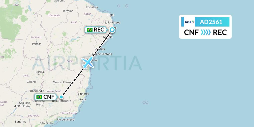 AD2561 Azul Brazilian Airlines Flight Map: Belo Horizonte to Recife