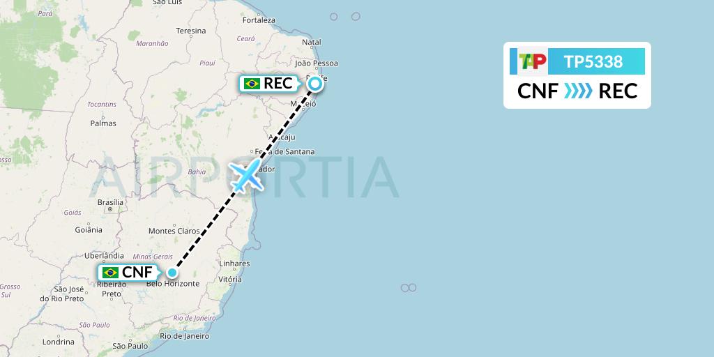 TP5338 TAP Portugal Flight Map: Belo Horizonte to Recife