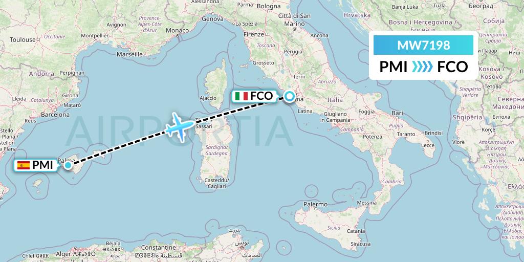MW7198 Mokulele Flight Service Flight Map: Palma de Mallorca to Rome