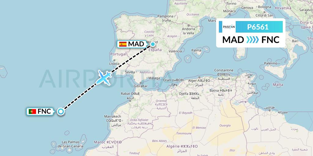 P6561 Pascan Aviation Flight Map: Madrid to Funchal