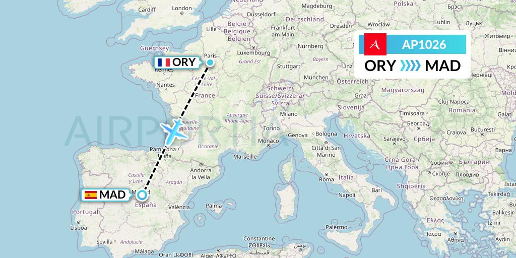 AP1026 AlbaStar Flight Map: Paris to Madrid