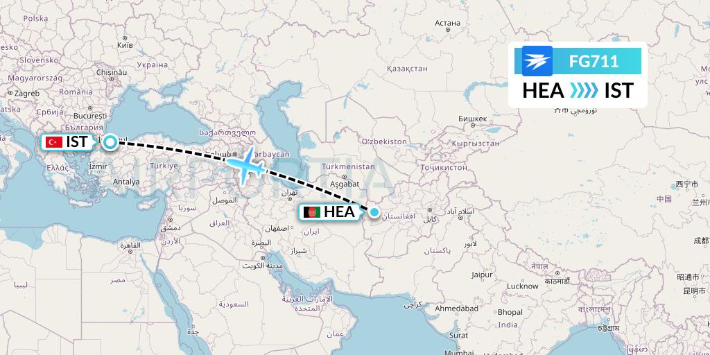 FG711 Ariana Afghan Airlines Flight Map: Herat to Istanbul