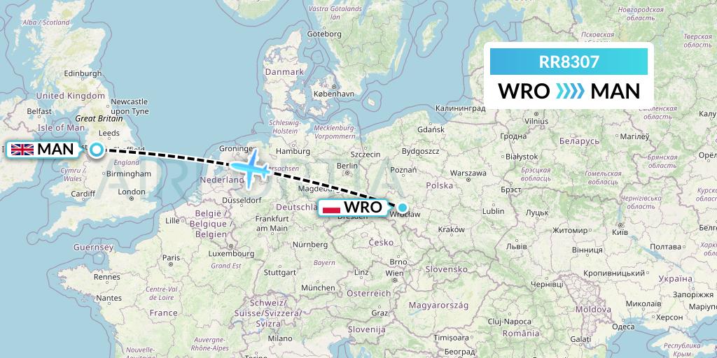 RR8307 Royal Air Force Flight Map: Wroclaw to Manchester