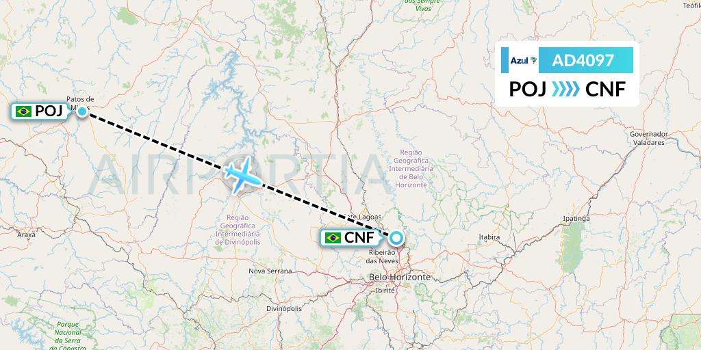 AD4097 Azul Brazilian Airlines Flight Map: Patos de Minas to Belo Horizonte