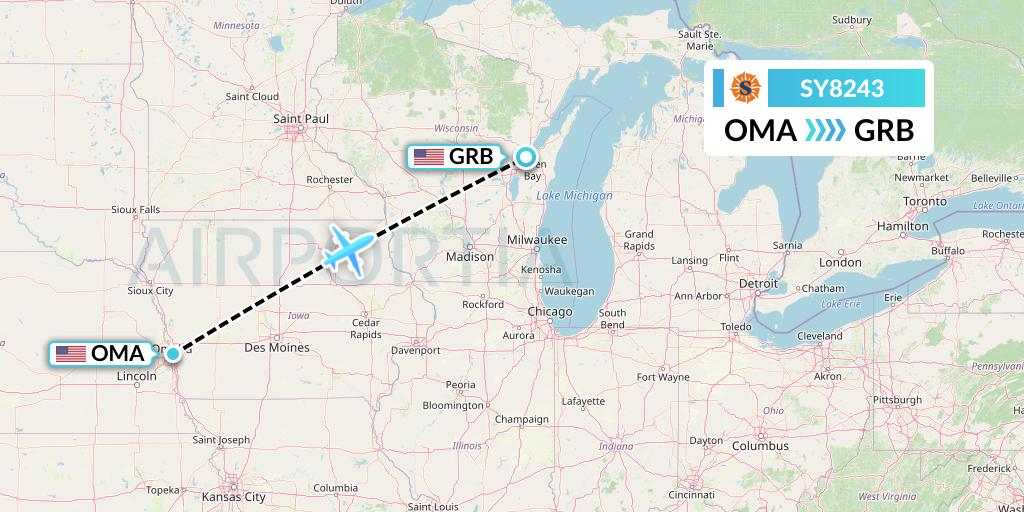 SY8243 Sun Country Airlines Flight Map: Omaha to Green Bay