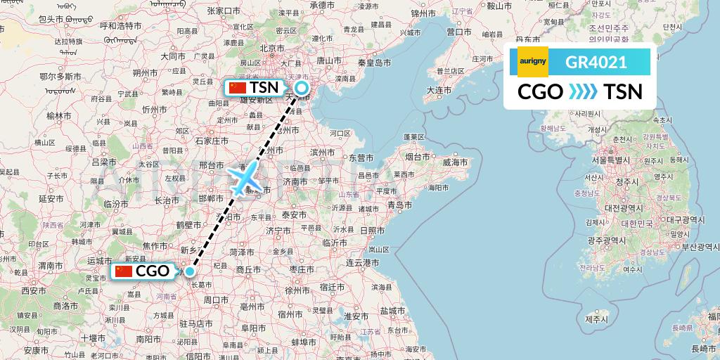 GR4021 Aurigny Air Services Flight Map: Zhengzhou to Tianjin