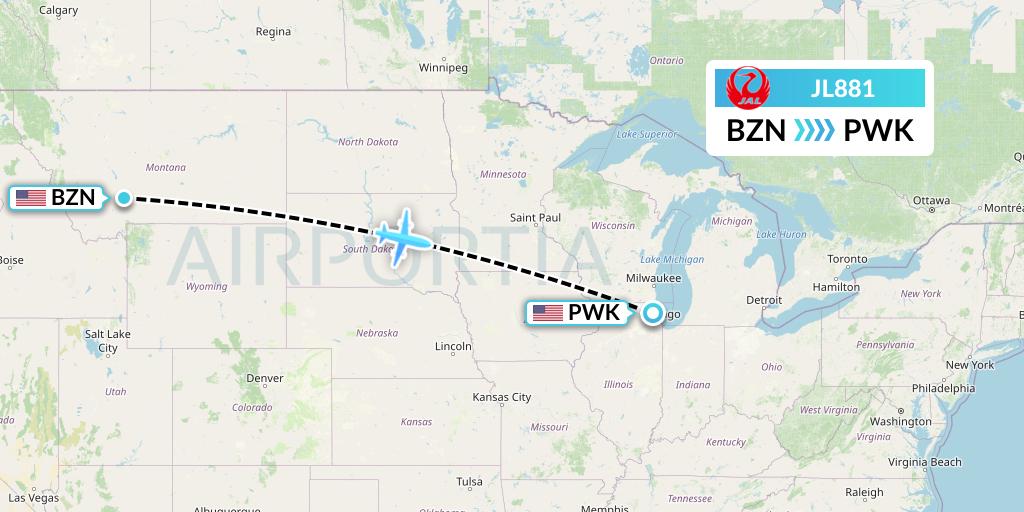 JL881 Japan Airlines Flight Map: Bozeman to Chicago