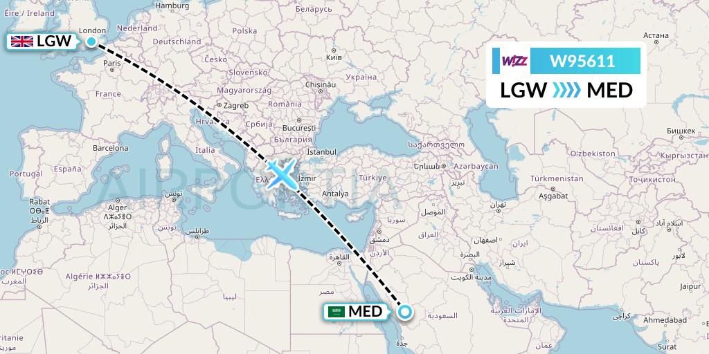 W95611 Wizz Air UK Flight Map: London to Medina