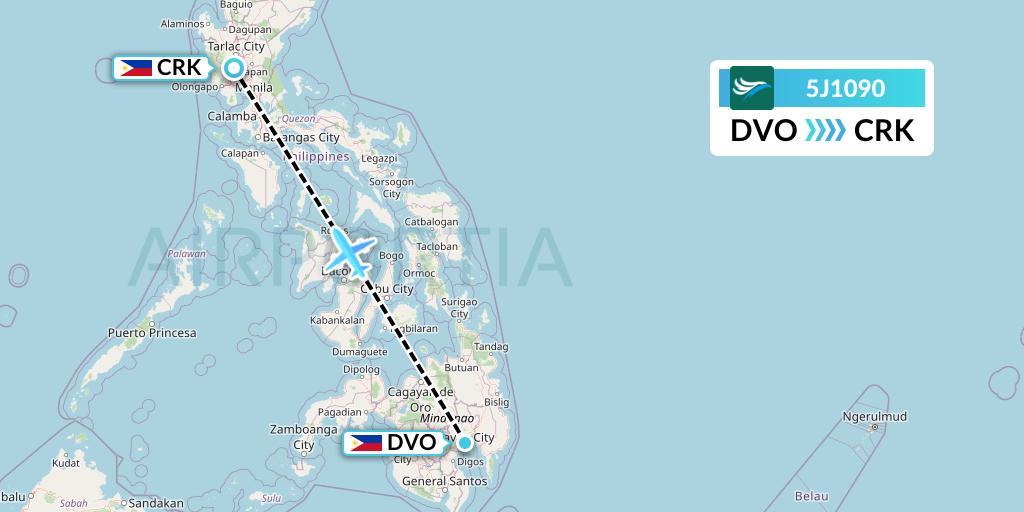 5J1090 CEBU Pacific Air Flight Map: Davao City to Angeles City