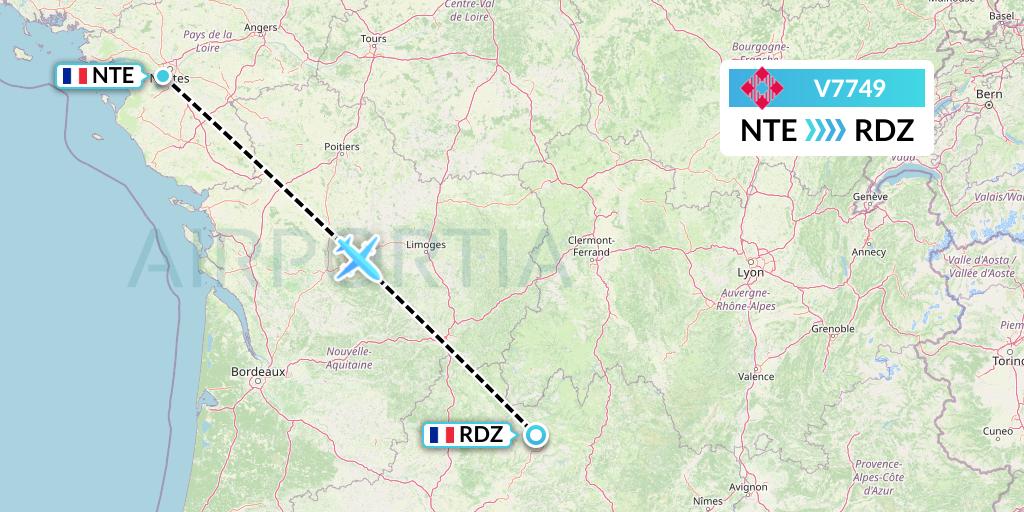 V7749 Volotea Flight Map: Nantes to Rodez