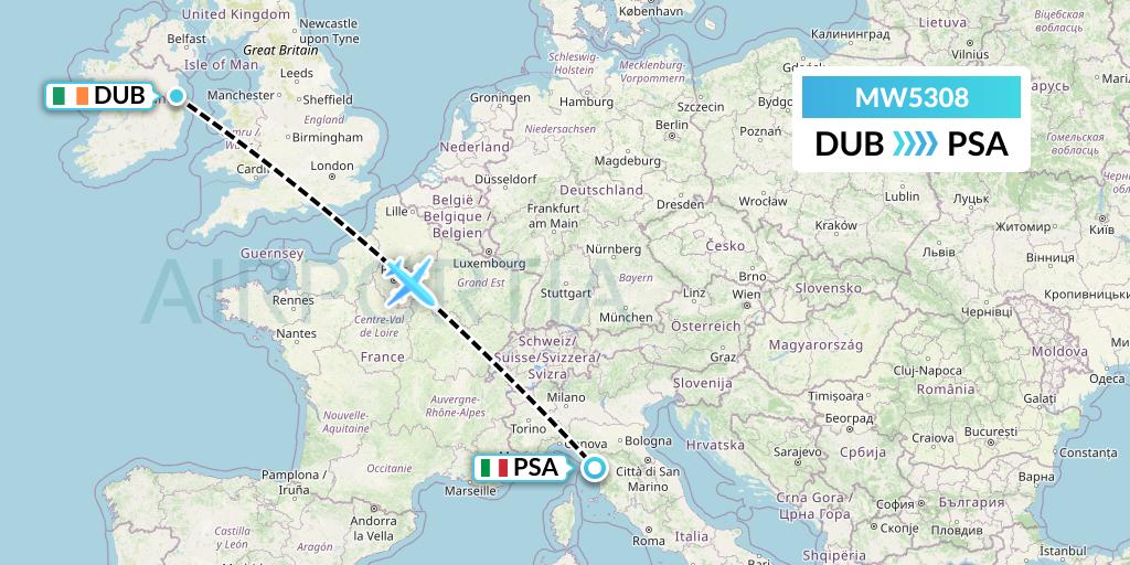 MW5308 Mokulele Flight Service Flight Map: Dublin to Pisa