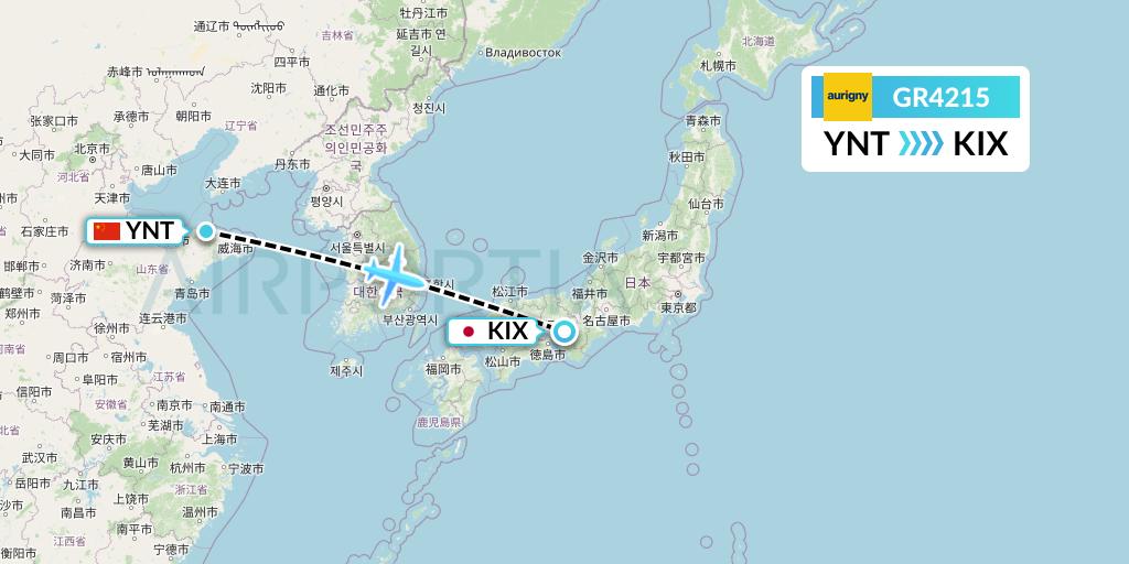 GR4215 Aurigny Air Services Flight Map: Yantai to Osaka