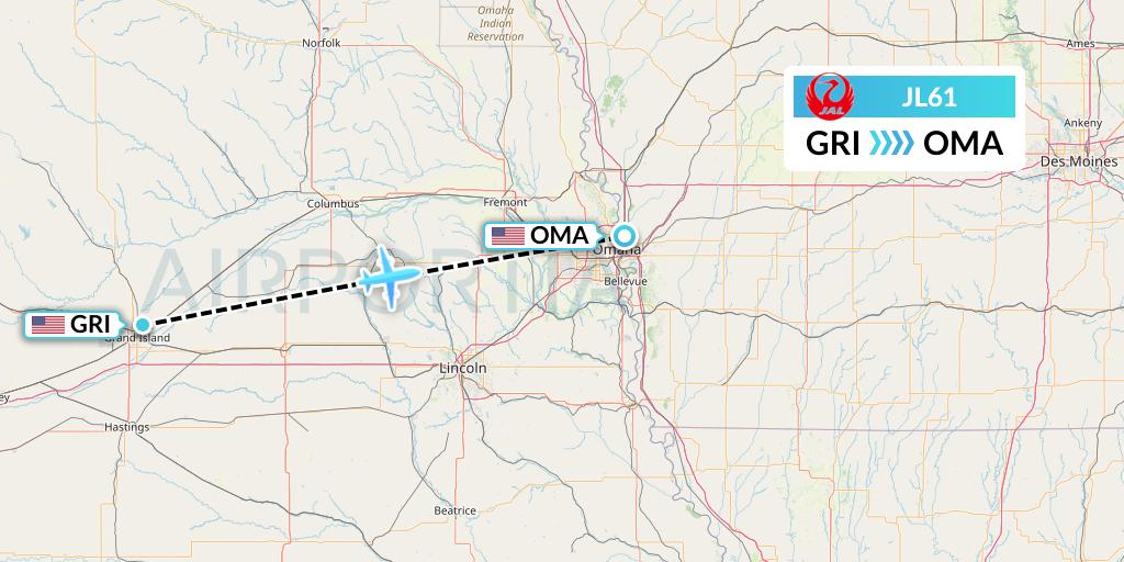 JL61 Japan Airlines Flight Map: Grand Island to Omaha