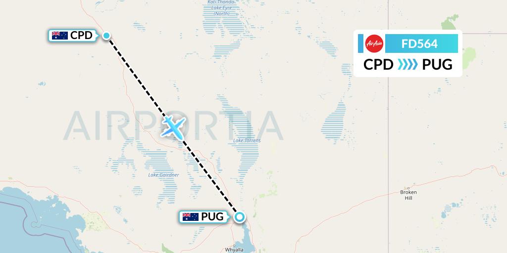 FD564 Thai AirAsia Flight Map: Coober Pedy to Port Augusta