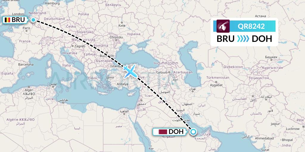 QR8242 Qatar Airways Flight Map: Brussels to Doha