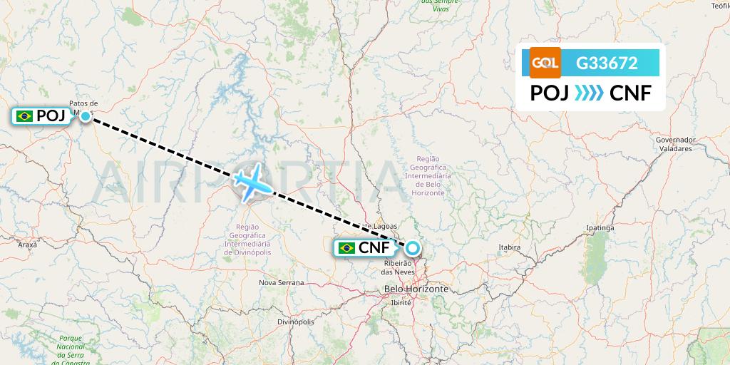 G33672 GOL Transportes Aeros Flight Map: Patos de Minas to Belo Horizonte
