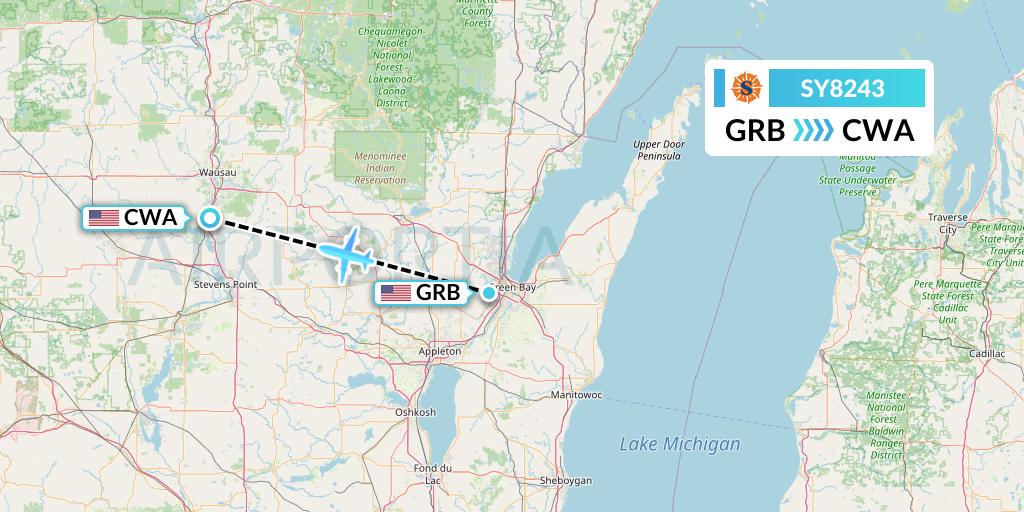 SY8243 Sun Country Airlines Flight Map: Green Bay to Wausau