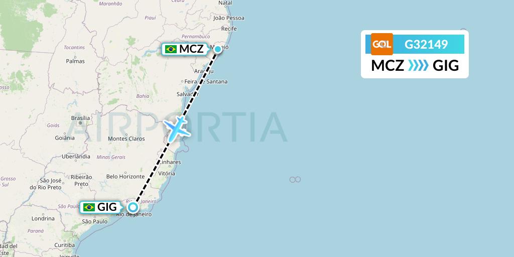 G32149 GOL Transportes Aeros Flight Map: Maceio to Rio de Janeiro