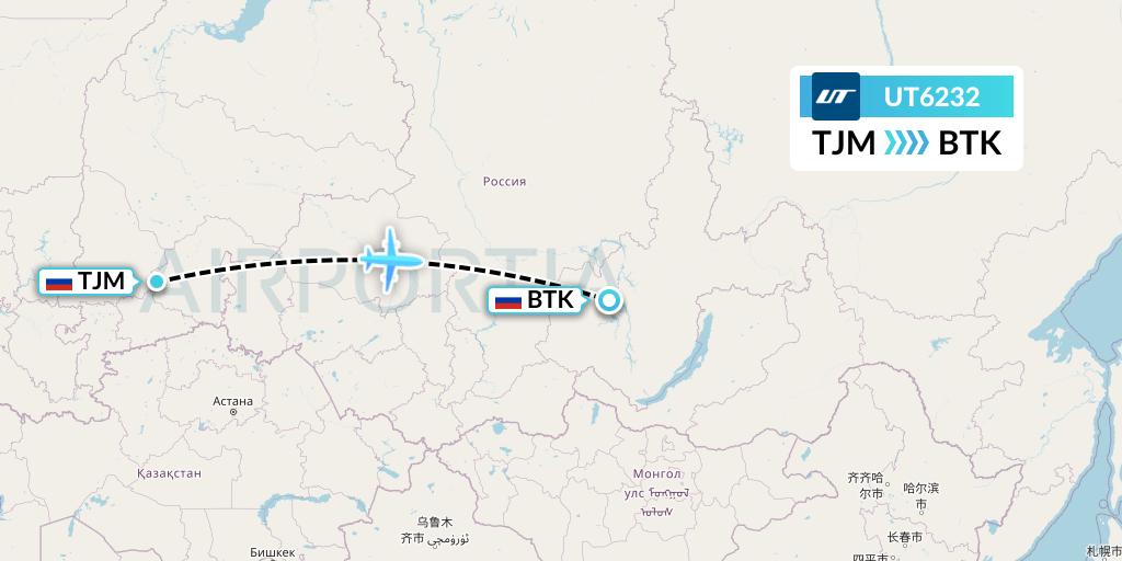 UT6232 UTair Flight Map: Tyumen to Bratsk