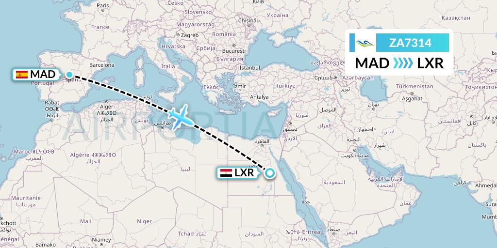 ZA7314 Sky Angkor Airlines Flight Map: Madrid to Luxor