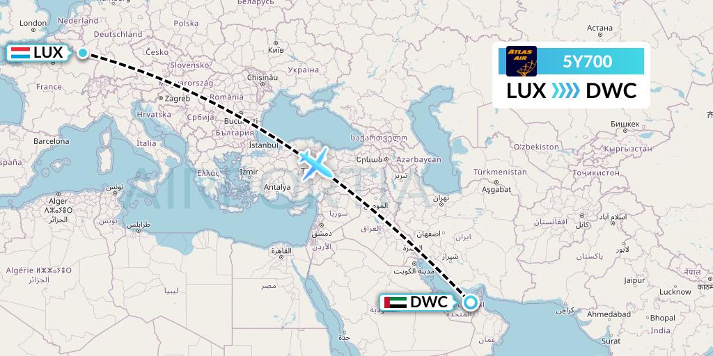 5Y700 Atlas Air Flight Map: Luxembourg to Dubai