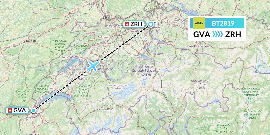 BT2819 Air Baltic Flight Map: Geneva to Zurich