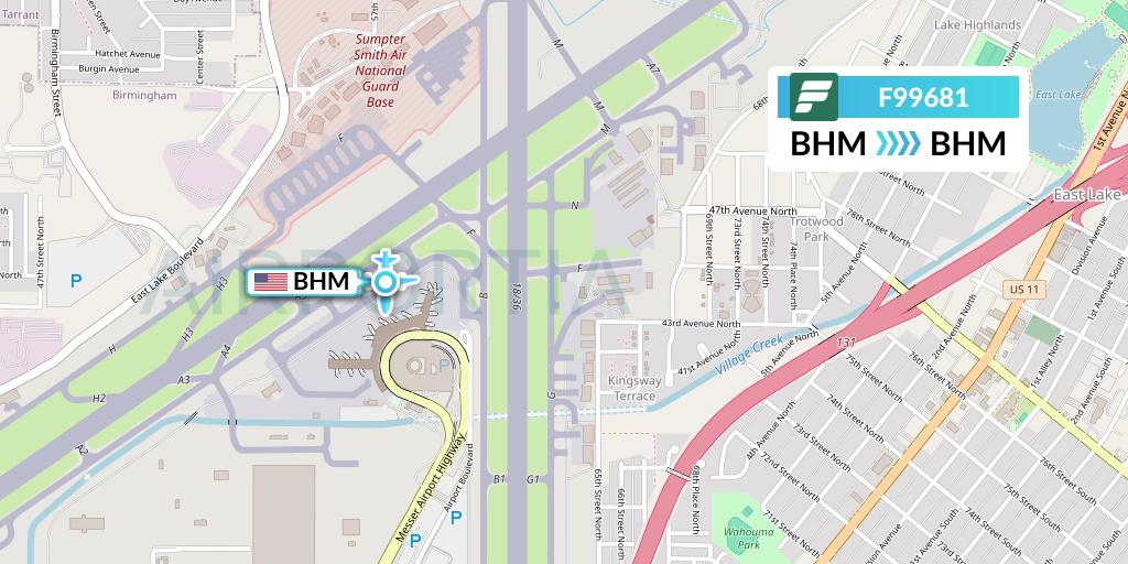 F99681 Frontier Airlines Flight Map: Birmingham to Birmingham