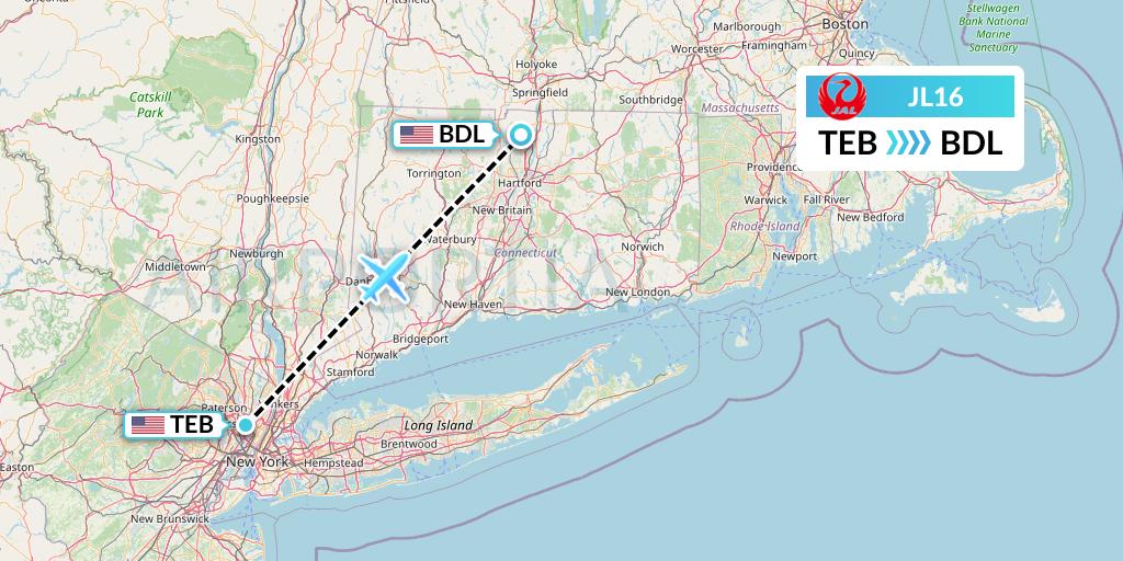 JL16 Japan Airlines Flight Map: Teterboro to Windsor Locks