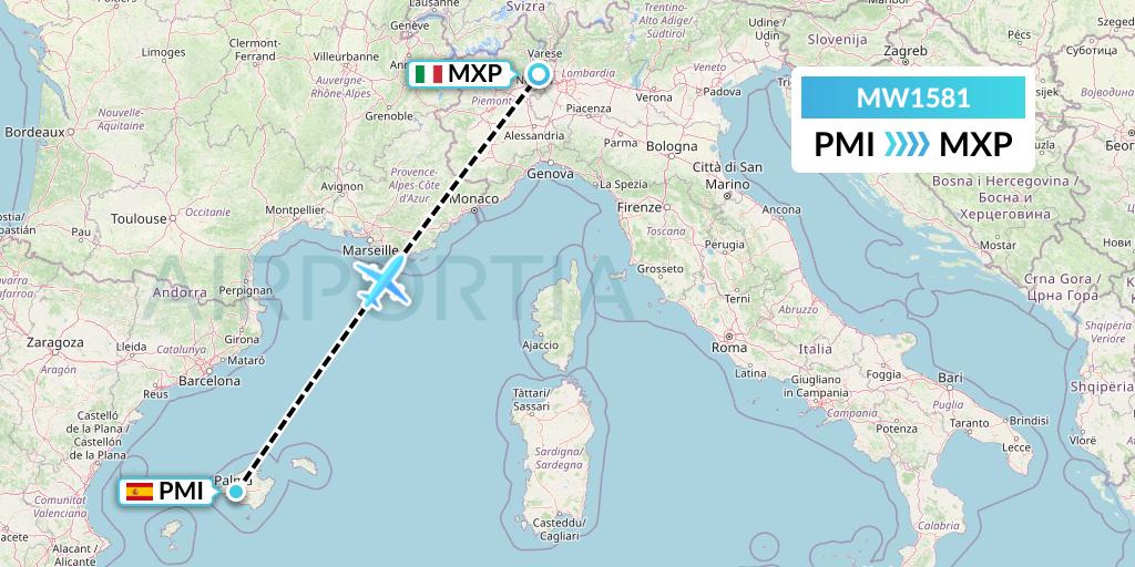 MW1581 Mokulele Flight Service Flight Map: Palma de Mallorca to Milan
