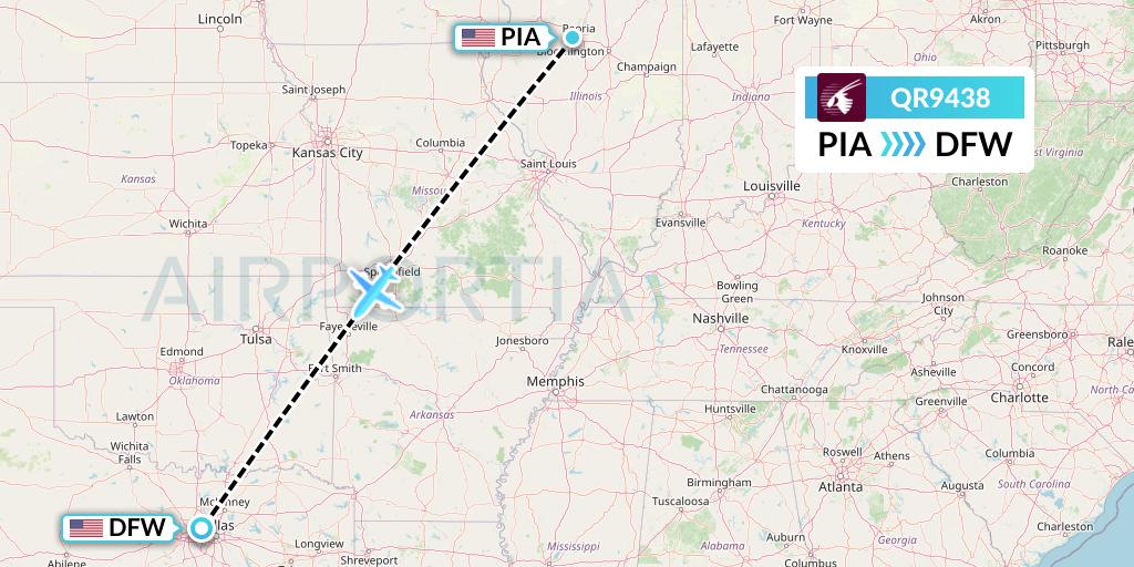 QR9438 Qatar Airways Flight Map: Peoria to Dallas
