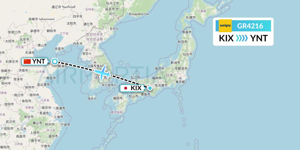 GR4216 Aurigny Air Services Flight Map: Osaka to Yantai