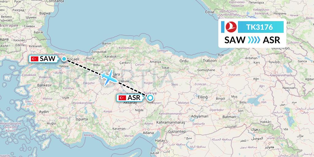 TK3176 Turkish Airlines Flight Map: Istanbul to Kayseri