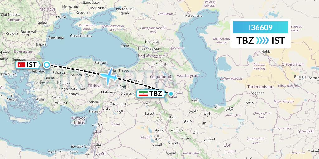 I36609 ATA Airlines Flight Map: Tabriz to Istanbul