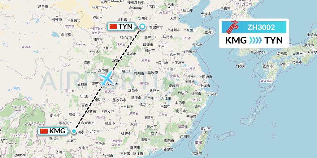 ZH3002 Shenzhen Airlines Flight Map: Kunming to Taiyuan