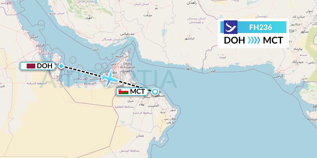 FH236 Freebird Airlines Flight Map: Doha to Muscat