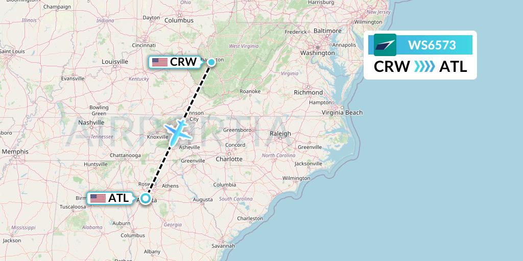 WS6573 WestJet Flight Map: Charleston to Atlanta