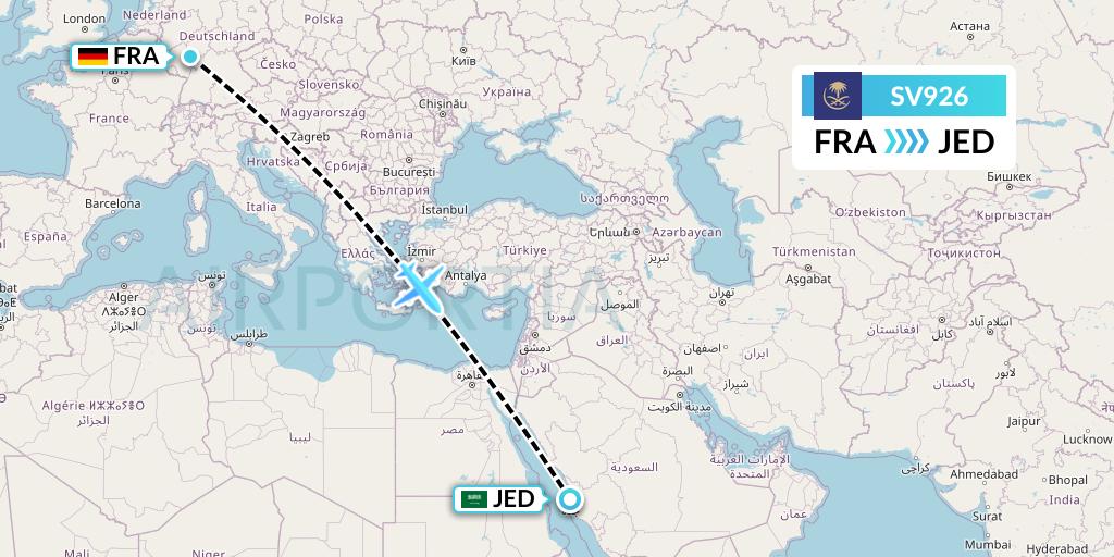 SV926 Saudi Arabian Airlines Flight Map: Frankfurt to Jeddah