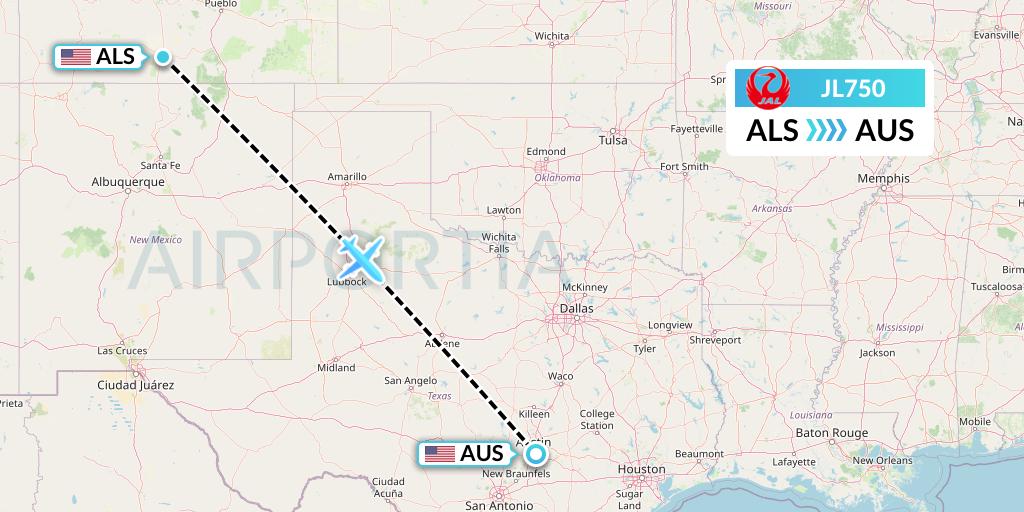 JL750 Japan Airlines Flight Map: Alamosa to Austin