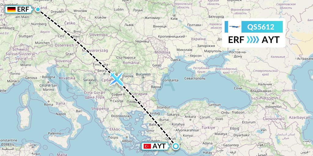 QS5612 Smartwings Flight Map: Erfurt to Antalya