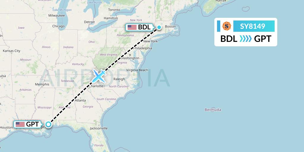 SY8149 Sun Country Airlines Flight Map: Windsor Locks to Gulfport