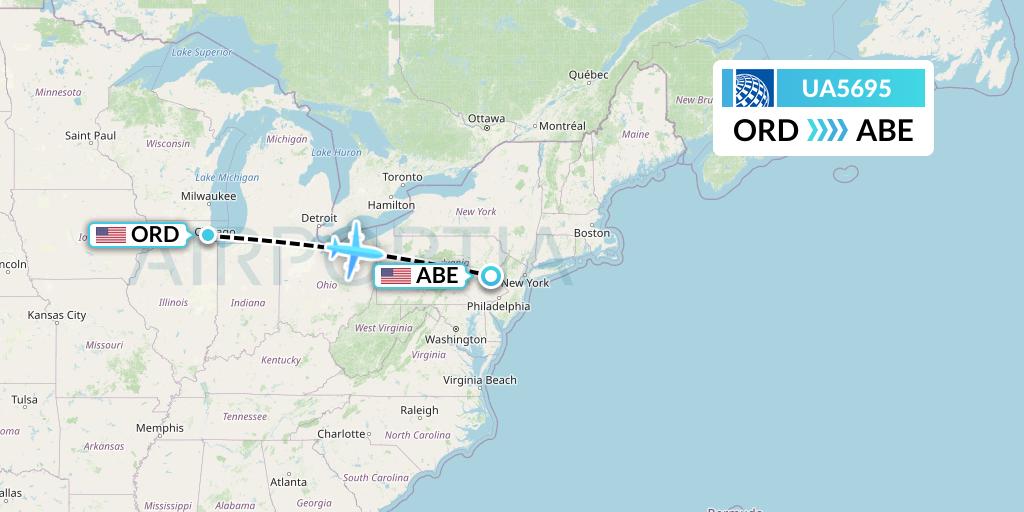 UA5695 United Airlines Flight Map: Chicago to Allentown