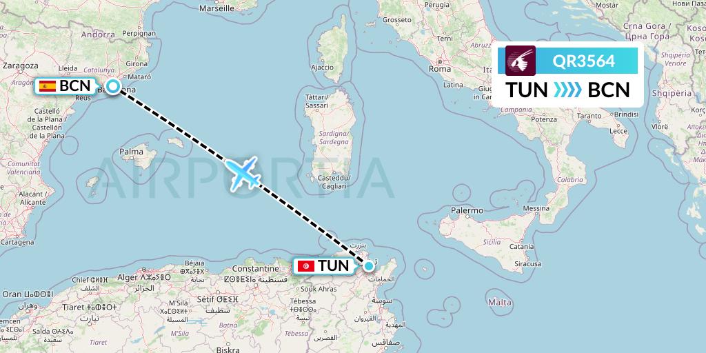 QR3564 Qatar Airways Flight Map: Tunis to Barcelona