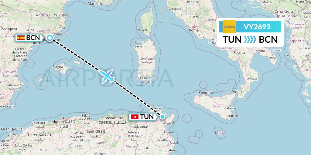 VY2693 Vueling Flight Map: Tunis to Barcelona