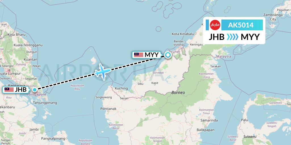 AK5014 AirAsia Flight Map: Johor Bahru to Miri