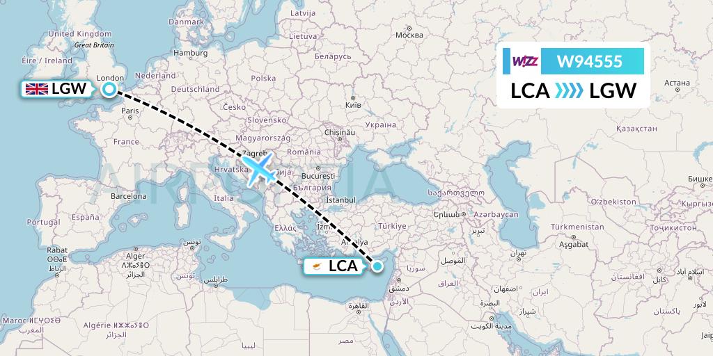 W94555 Wizz Air UK Flight Map: Larnaca to London