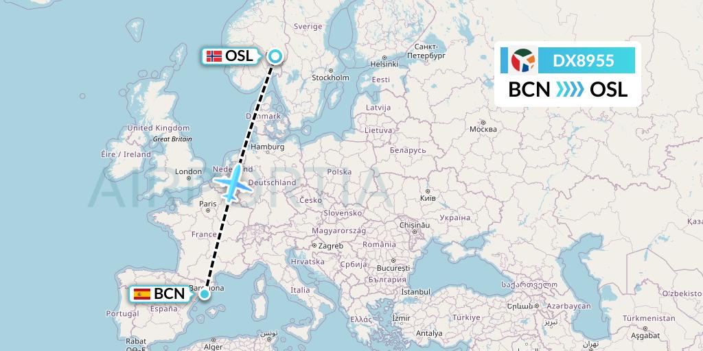 DX8955 Danish Air Transport Flight Map: Barcelona to Oslo