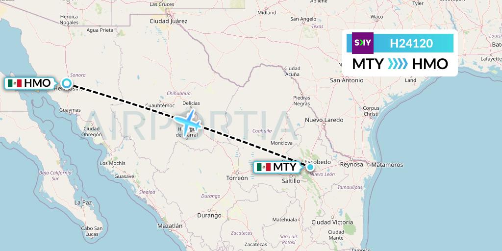 H24120 Sky Airline Flight Map: Monterrey to Hermosillo