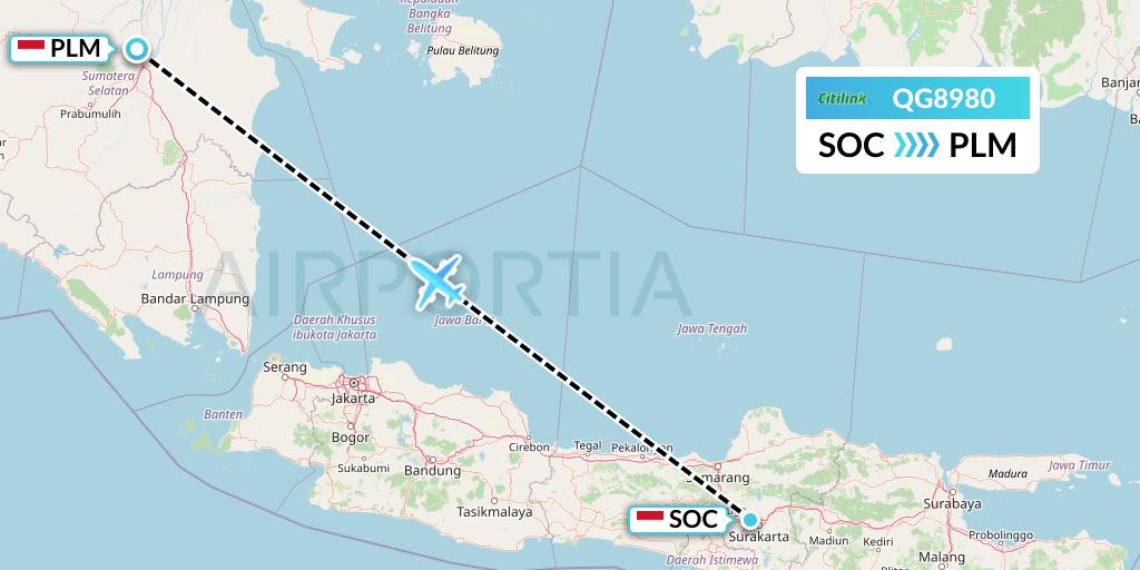 QG8980 Citilink Flight Map: Surakarta to Palembang